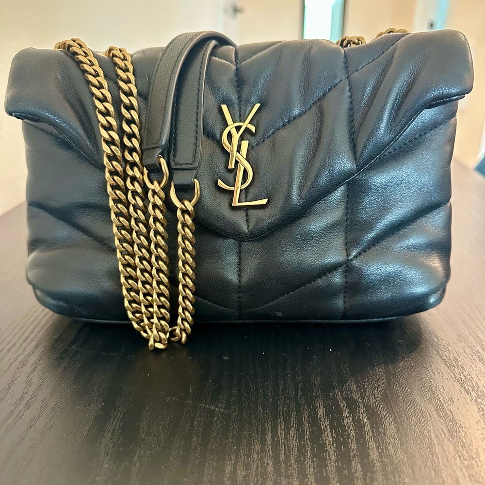 Saint Laurent Black Crossbody with Gold Chain.  Toy Puffer bag in lambskin
